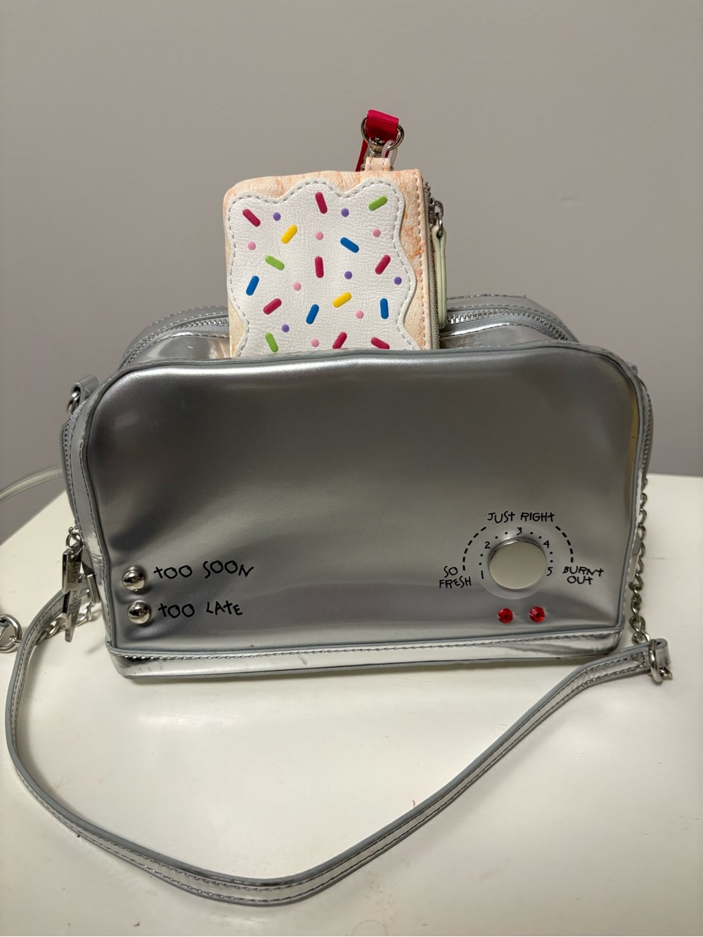 Betsey Johnson Silver Toaster Oven Crossbody Bag with Poptart